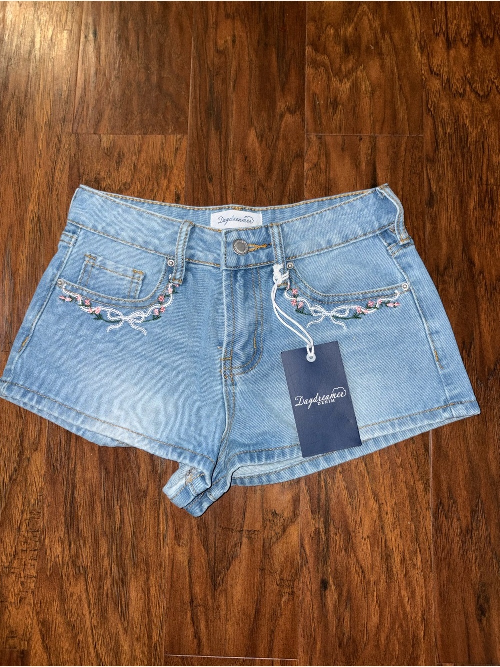 Daydreamer Light Blue Denim Shorts with Pink Floral Embroidery